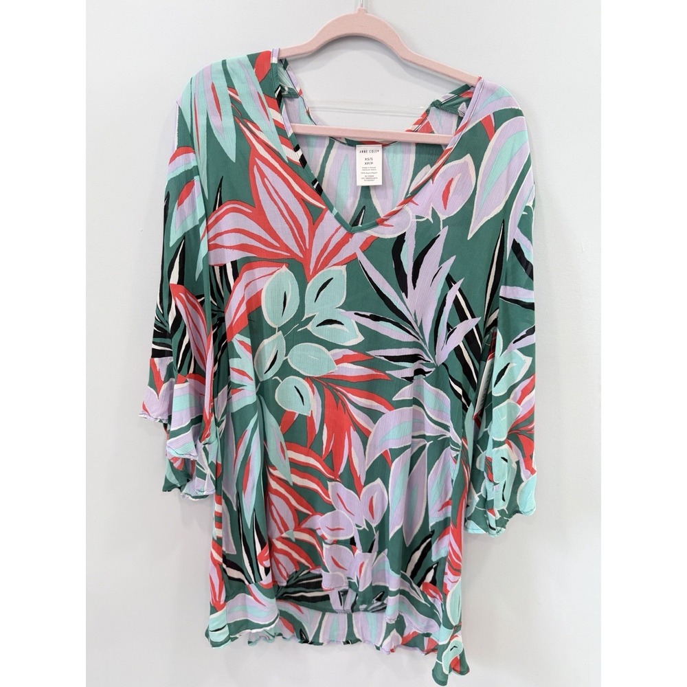 Anne Cole Zesty Trop Floral Tunic Cover Up Bell Sleeve V Neck XS S NWT